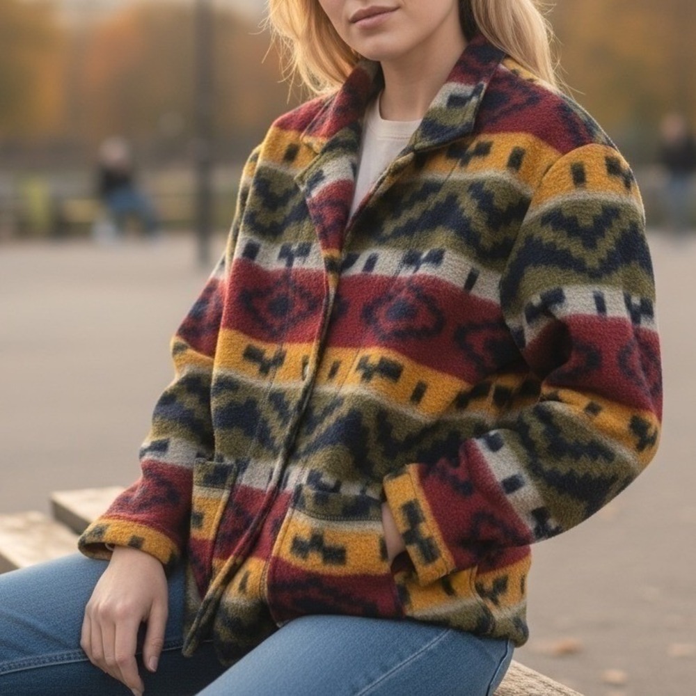Southwest Aztec Fleece Jacket Button Front Small Multicolor Cozy Outdoorsy Fall